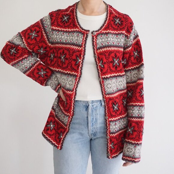 Talbots Sweaters - Vintage Talbots Red Gray Fair Isle Knit Cardigan Nordic Festive Cabincore XL